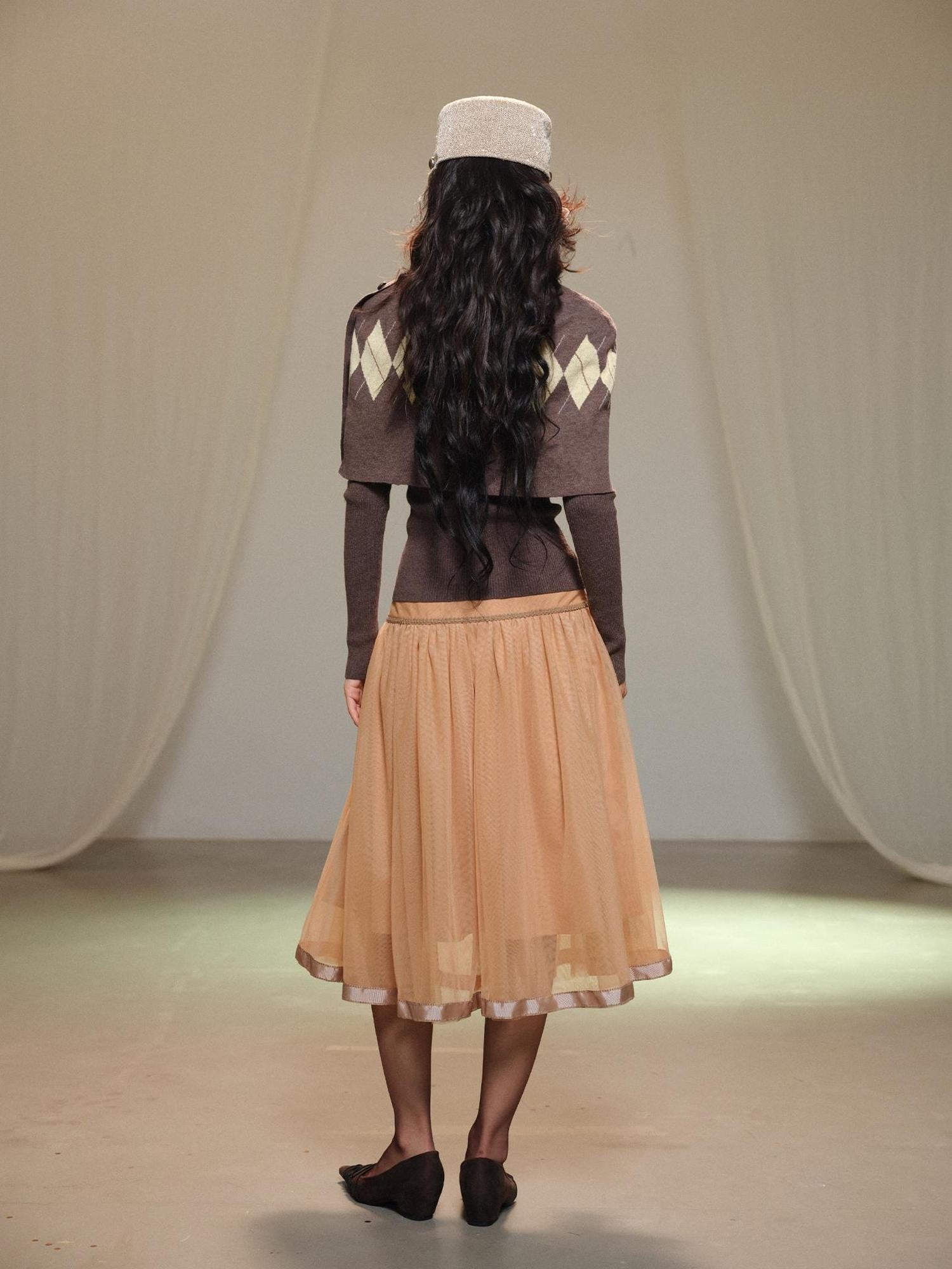 lvetong Retro Diamond Knit Stand Collar Cape Women&