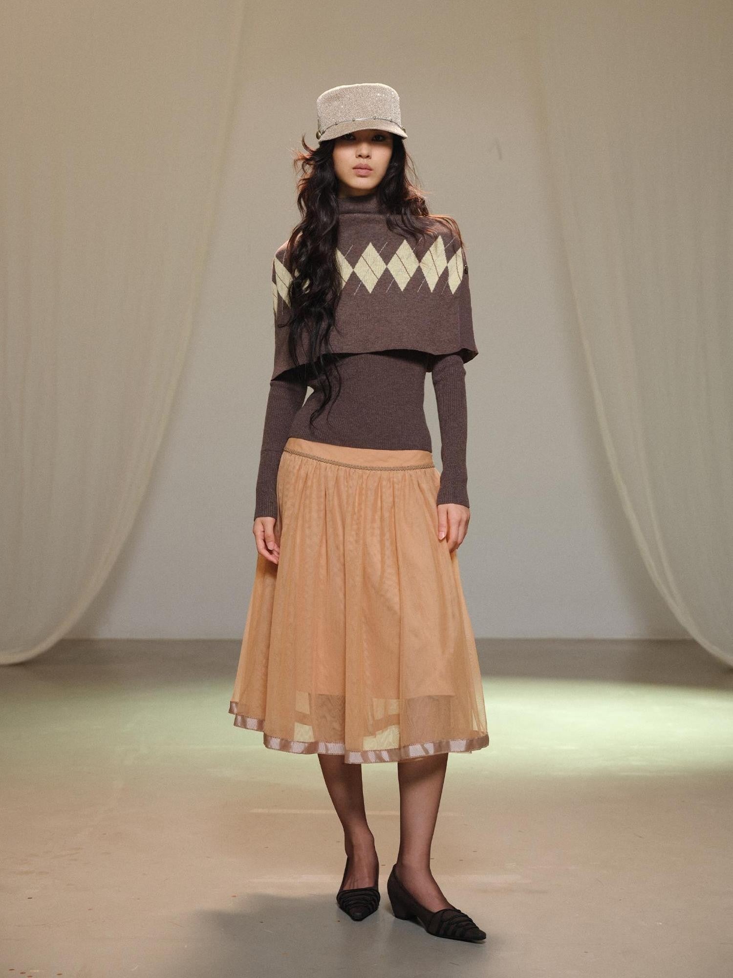 lvetong Retro Diamond Knit Stand Collar Cape Women&