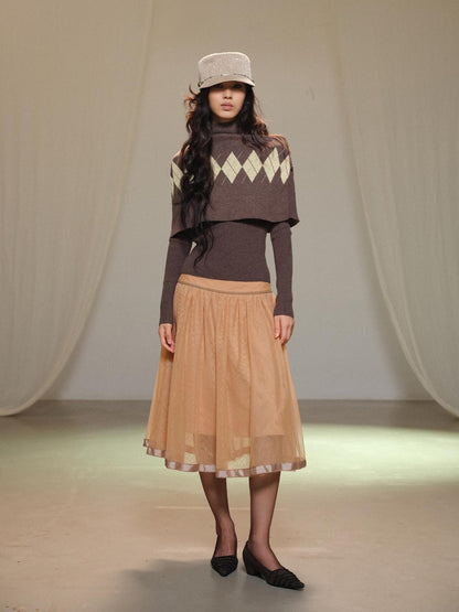 lvetong Retro Diamond Knit Stand Collar Cape Women&