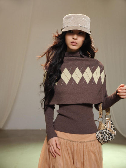 lvetong Retro Diamond Knit Stand Collar Cape Women&