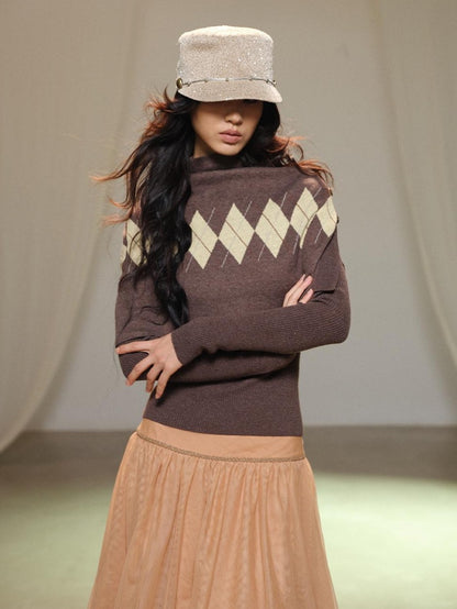 lvetong Retro Diamond Knit Stand Collar Cape Women&