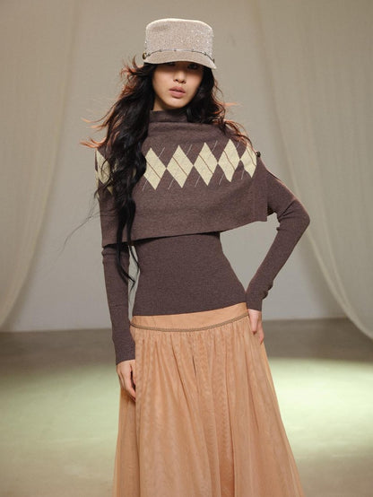 lvetong Retro Diamond Knit Stand Collar Cape Women&