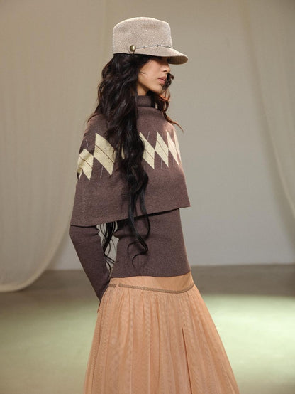 lvetong Retro Diamond Knit Stand Collar Cape Women&