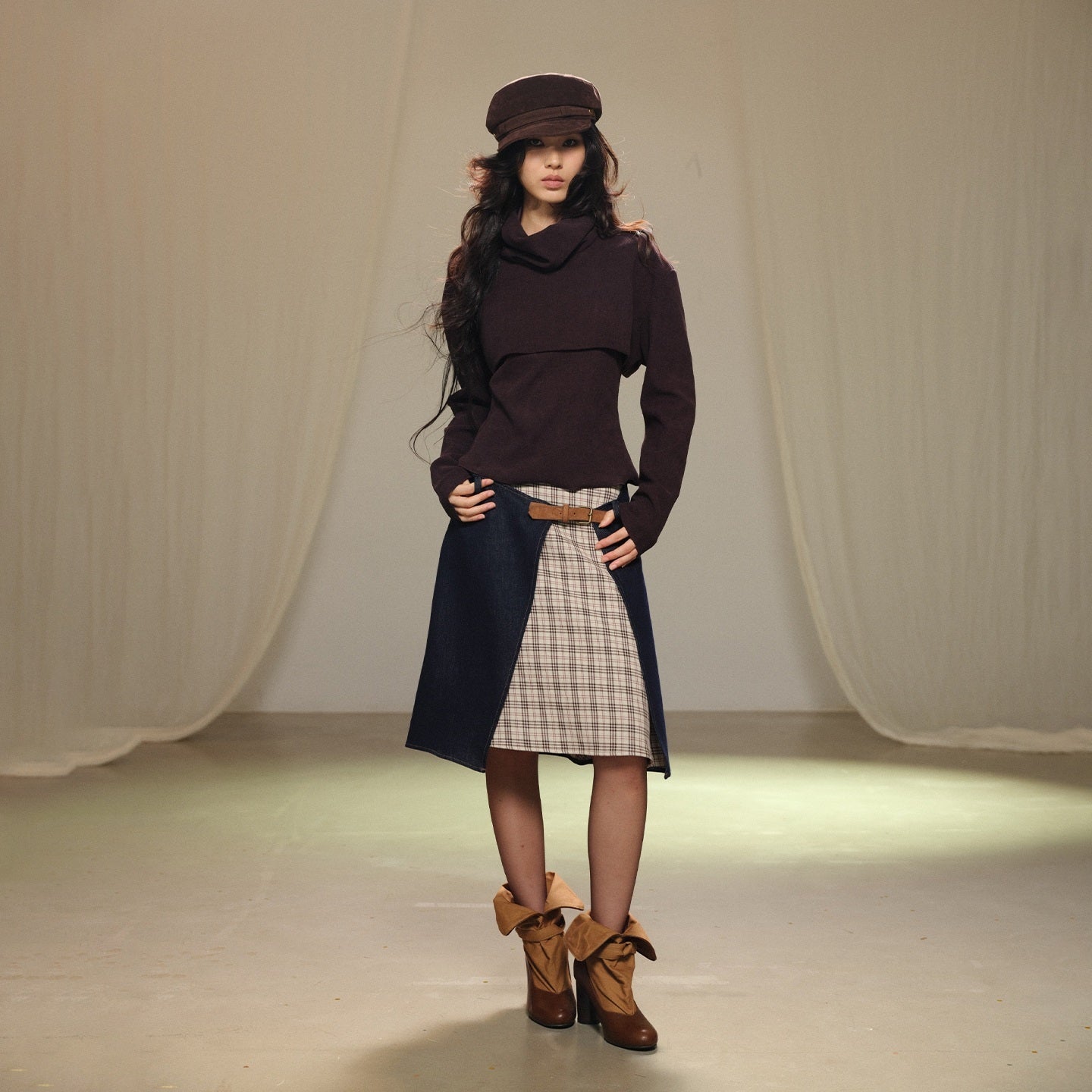 lvetong_Retro_Patchwork_Contrast_Aline_Double_Button_Women&
