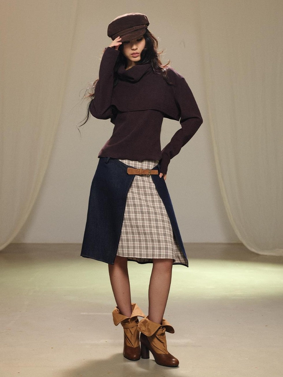 lvetong Retro Patchwork Contrast Aline Double Button Women&