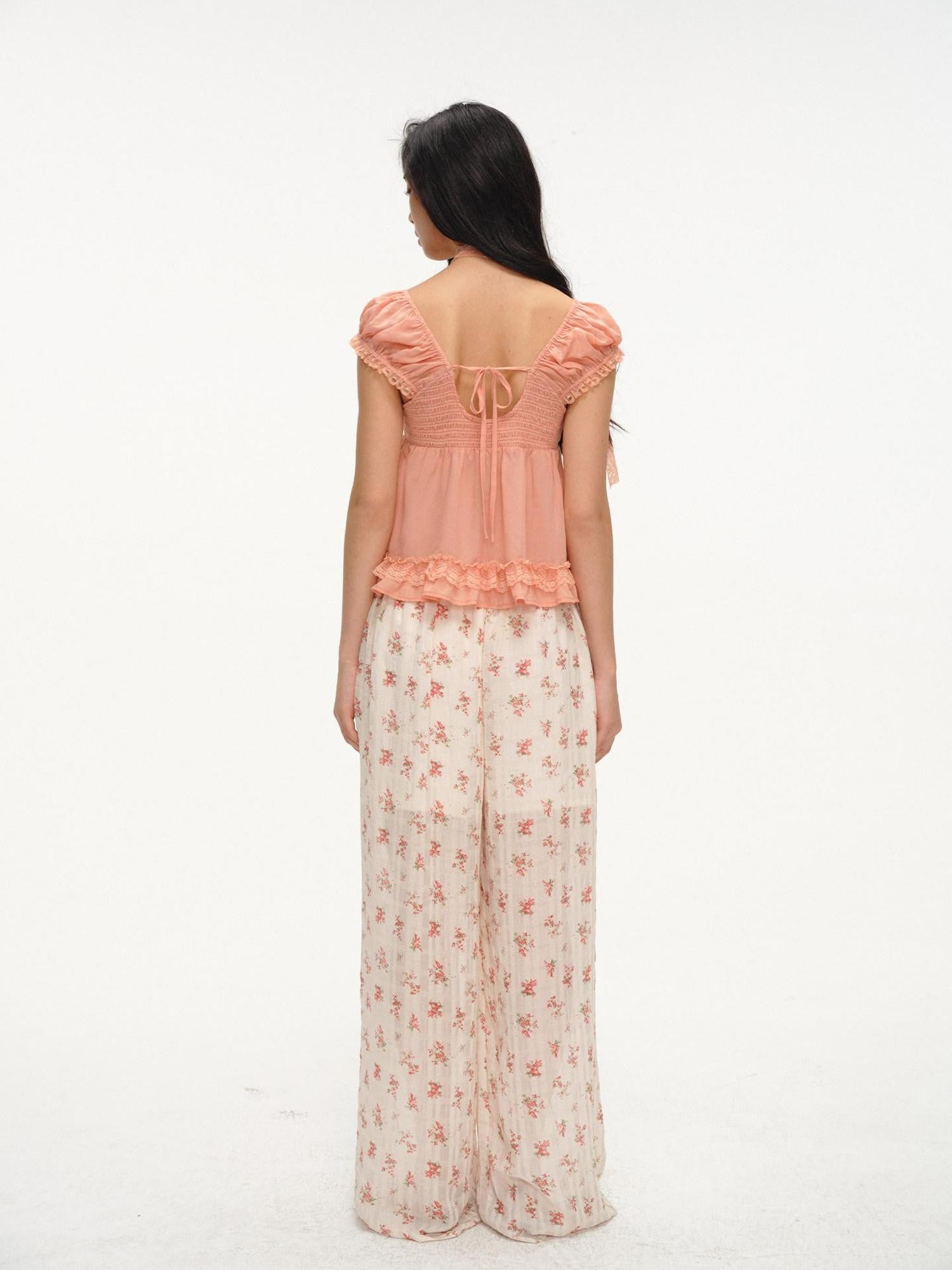 lvetong Ruffle Floral Drawstring Elastic Waist Lined Women&