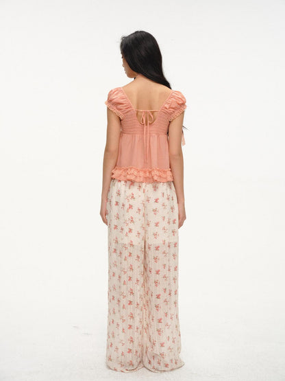 lvetong Ruffle Floral Drawstring Elastic Waist Lined Women&