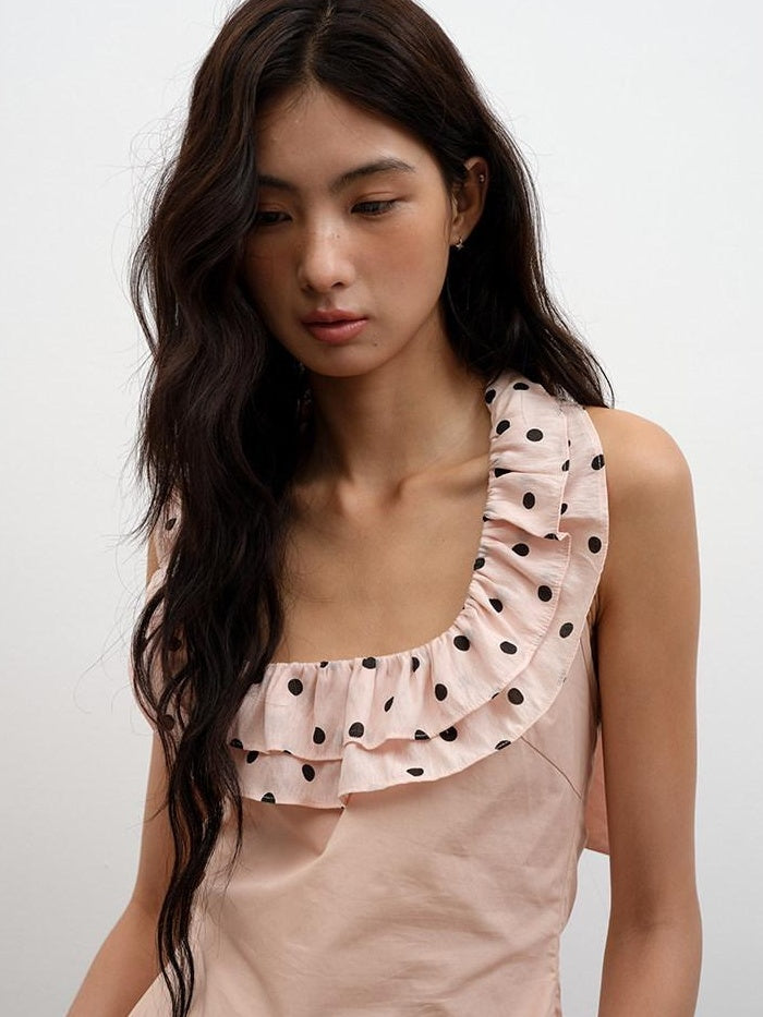 lvetong Ruffle Polka Dot 100% Cotton Slim Fit Street Pink Short Sleeve T-Shirts