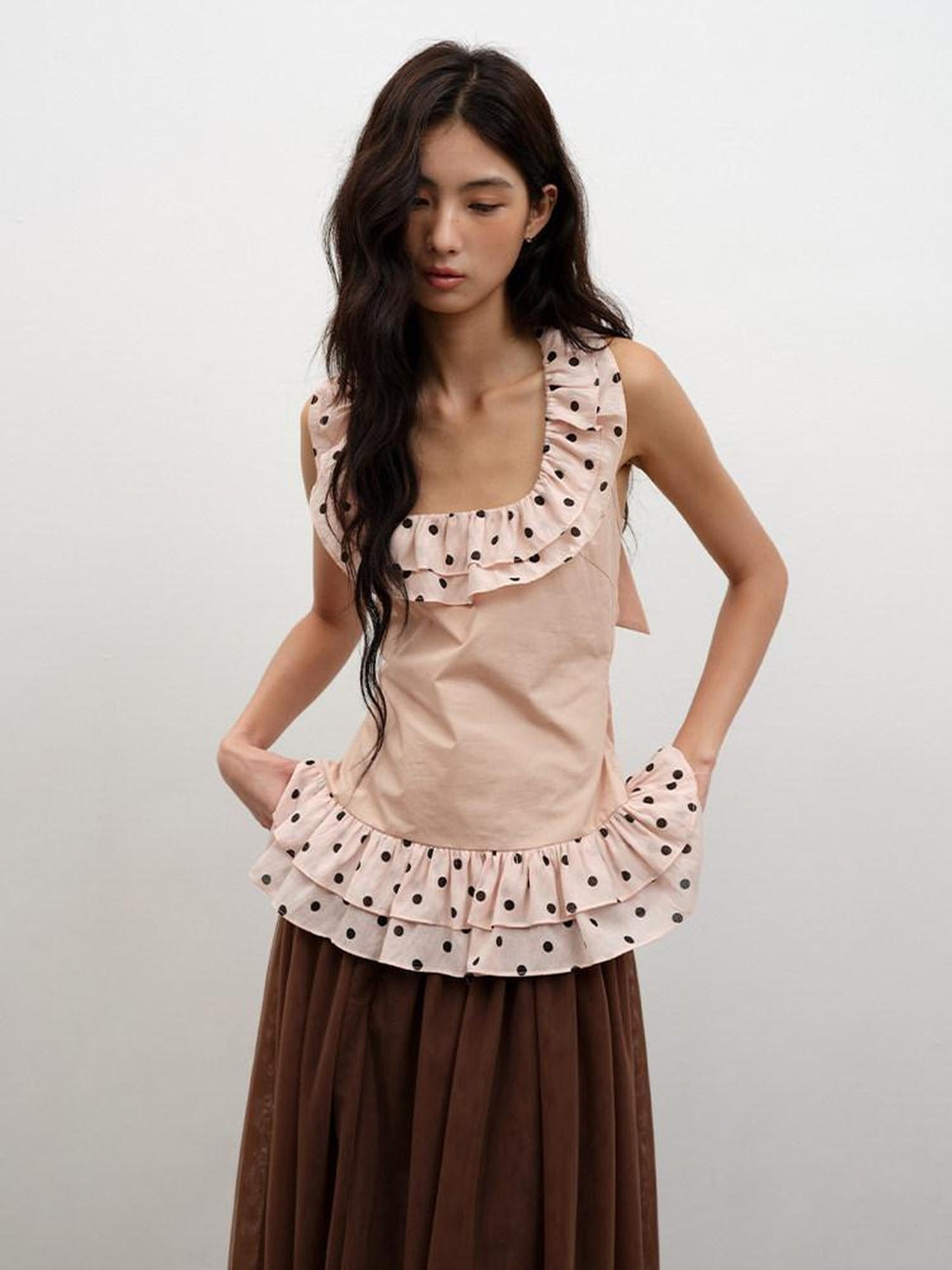 lvetong Ruffle Polka Dot 100% Cotton Slim Fit Street Pink Short Sleeve T-Shirts