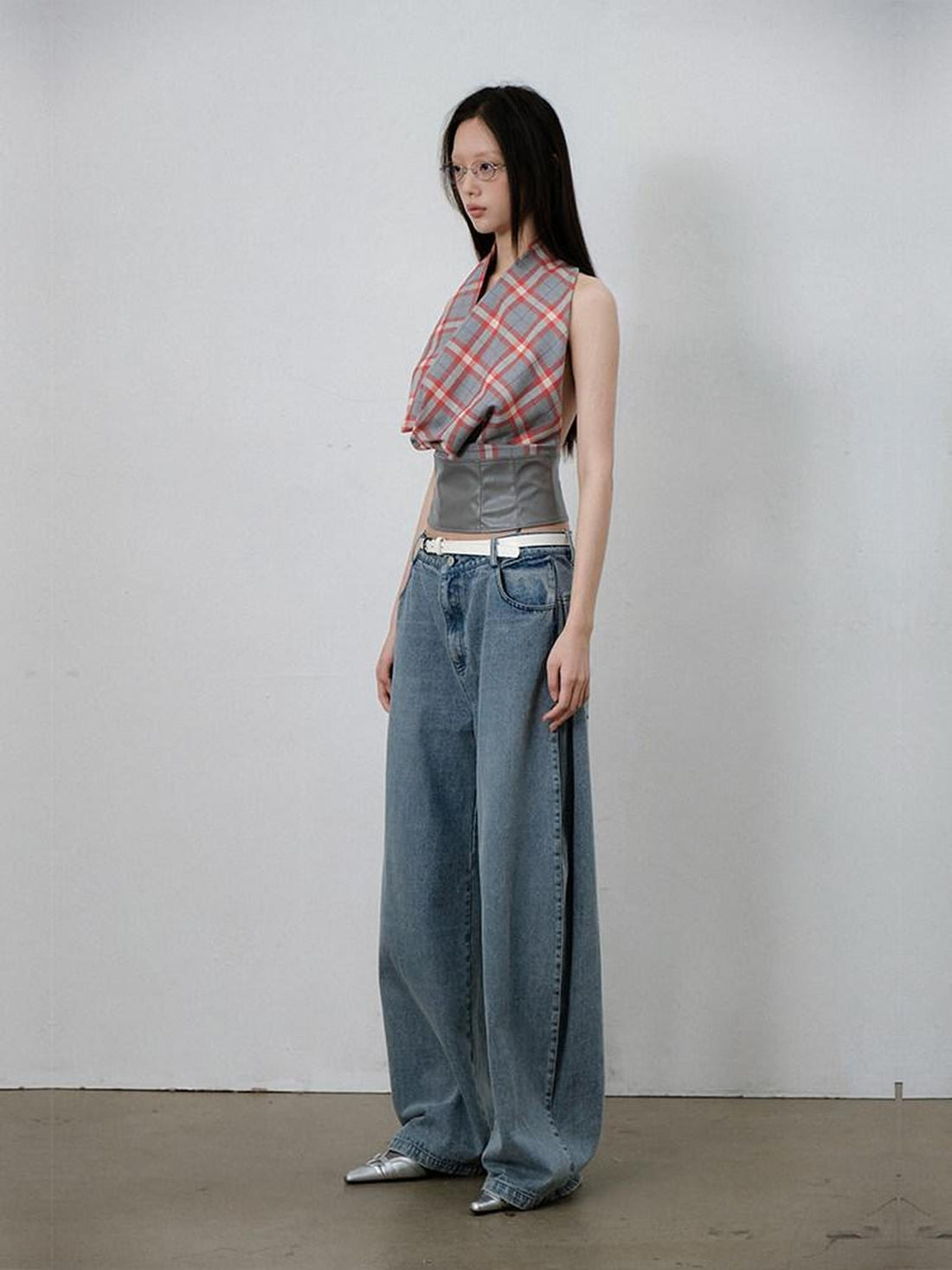 lvetong Sexy Patchwork Scarf Neck Cropped Slim Gray Red Plaid Short Sleeve T-Shirts