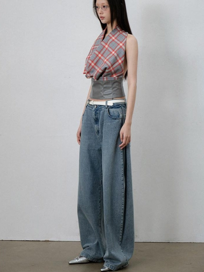 lvetong Sexy Patchwork Scarf Neck Cropped Slim Gray Red Plaid Short Sleeve T-Shirts