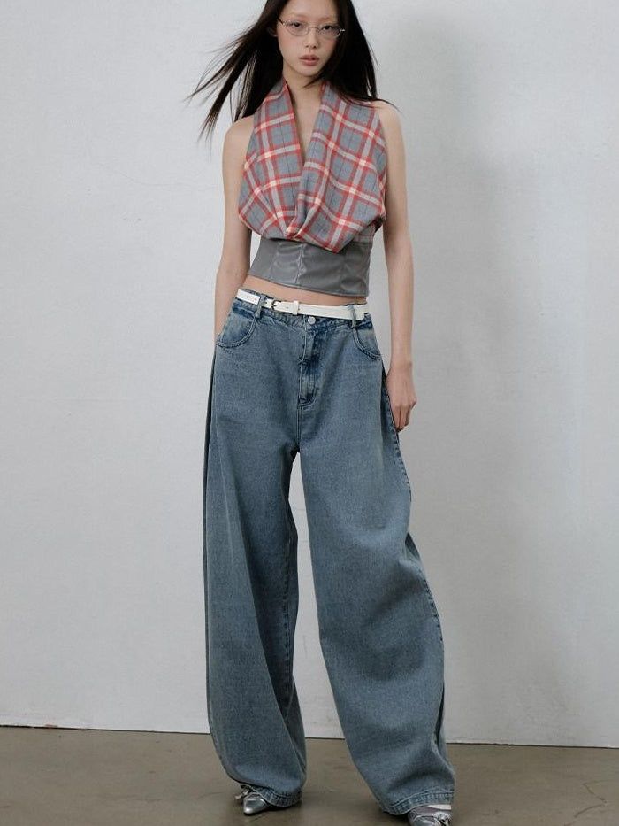lvetong Sexy Patchwork Scarf Neck Cropped Slim Gray Red Plaid Short Sleeve T-Shirts