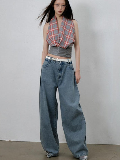 lvetong Sexy Patchwork Scarf Neck Cropped Slim Gray Red Plaid Short Sleeve T-Shirts