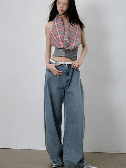 lvetong Sexy Patchwork Scarf Neck Cropped Slim Gray Red Plaid Short Sleeve T-Shirts