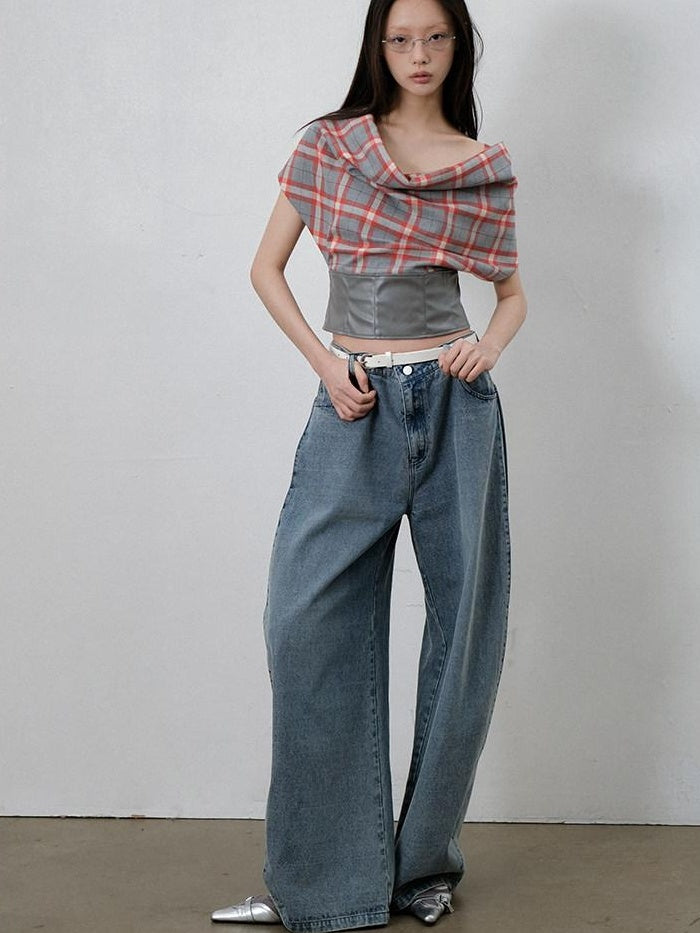 lvetong Sexy Patchwork Scarf Neck Cropped Slim Gray Red Plaid Short Sleeve T-Shirts