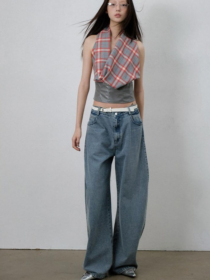 lvetong Sexy Patchwork Scarf Neck Cropped Slim Gray Red Plaid Short Sleeve T-Shirts
