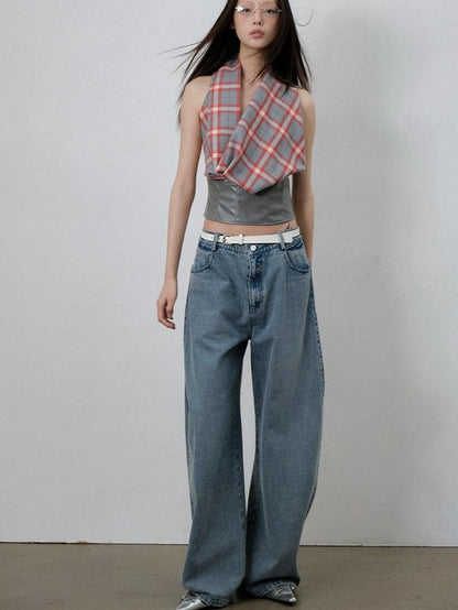 lvetong Sexy Patchwork Scarf Neck Cropped Slim Gray Red Plaid Short Sleeve T-Shirts