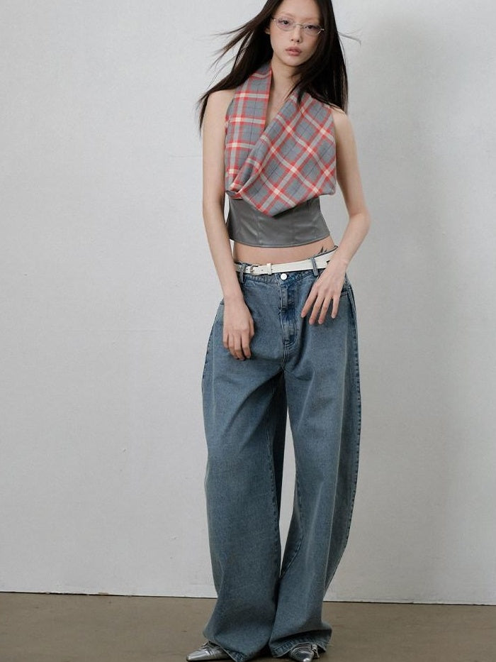 lvetong Sexy Patchwork Scarf Neck Cropped Slim Gray Red Plaid Short Sleeve T-Shirts