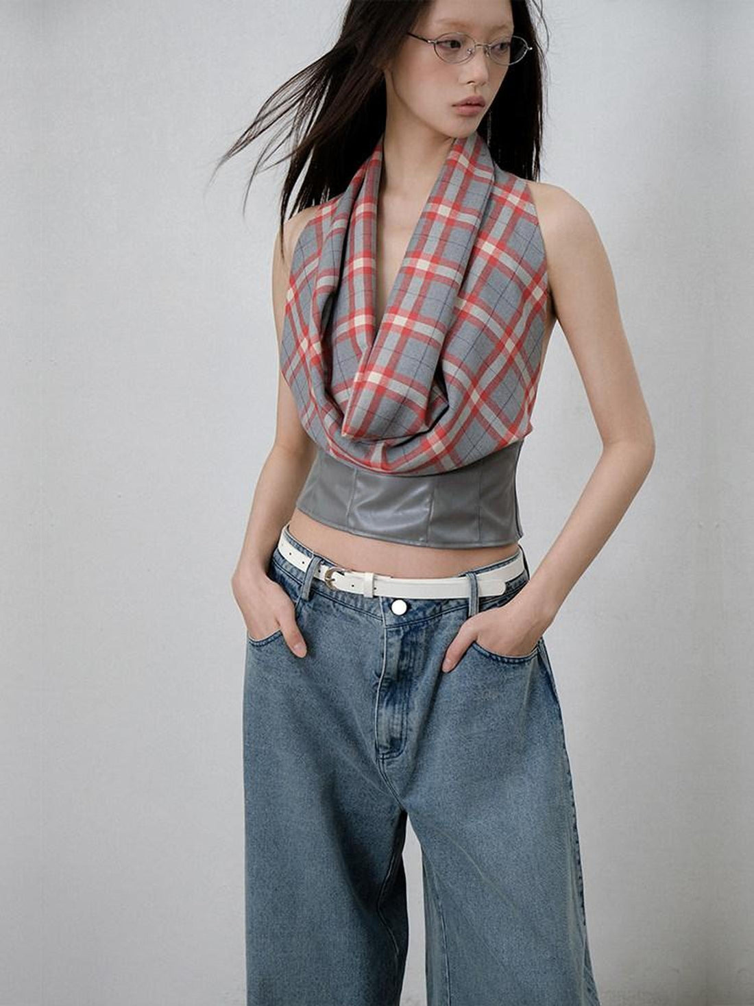 lvetong Sexy Patchwork Scarf Neck Cropped Slim Gray Red Plaid Short Sleeve T-Shirts