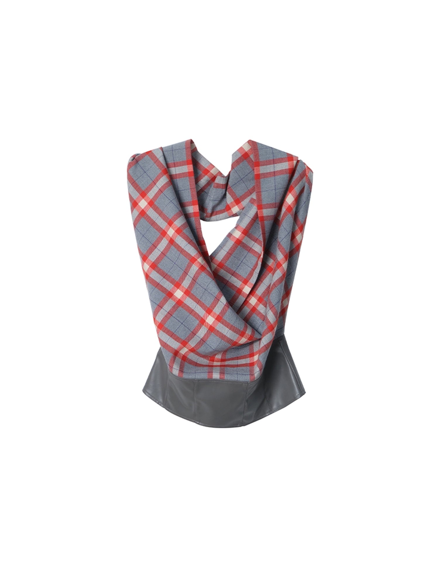 lvetong Sexy Patchwork Scarf Neck Cropped Slim Gray Red Plaid Short Sleeve T-Shirts