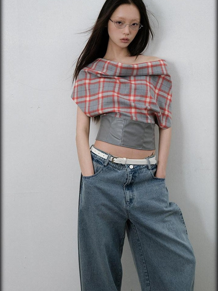 lvetong Sexy Patchwork Scarf Neck Cropped Slim Gray Red Plaid Short Sleeve T-Shirts