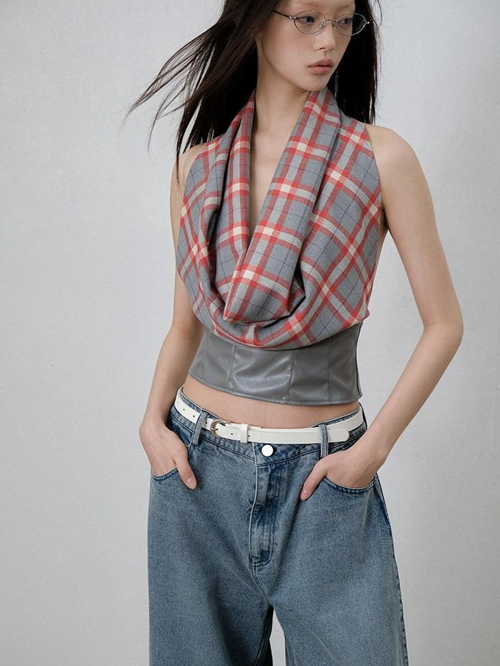 lvetong Sexy Patchwork Scarf Neck Cropped Slim Gray Red Plaid Short Sleeve T-Shirts