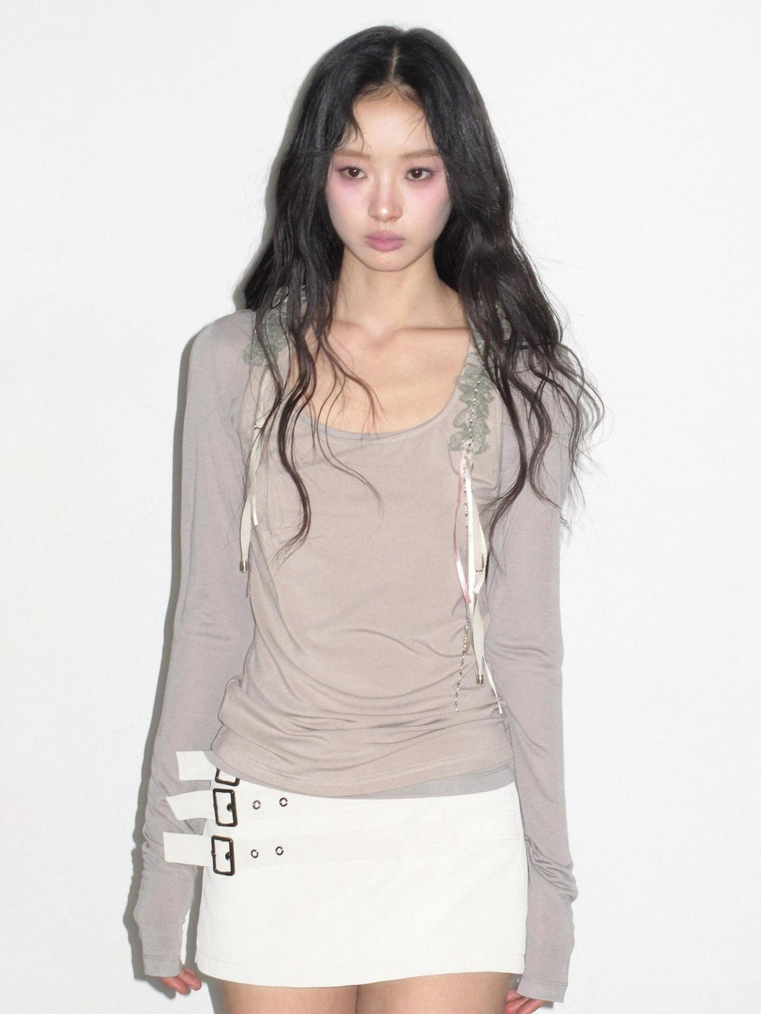 lvetong Sheer Lace Street Loose U Neck Casual Women Gray Thin Long Sleeve T-Shirts