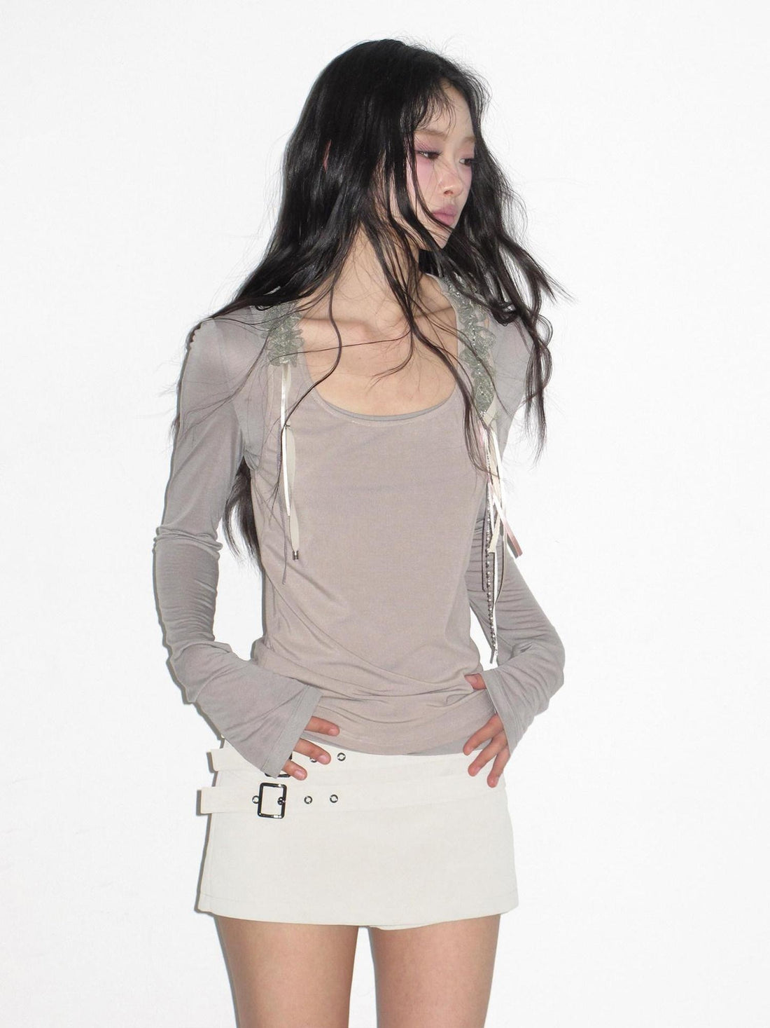 lvetong Sheer Lace Street Loose U Neck Casual Women Gray Thin Long Sleeve T-Shirts