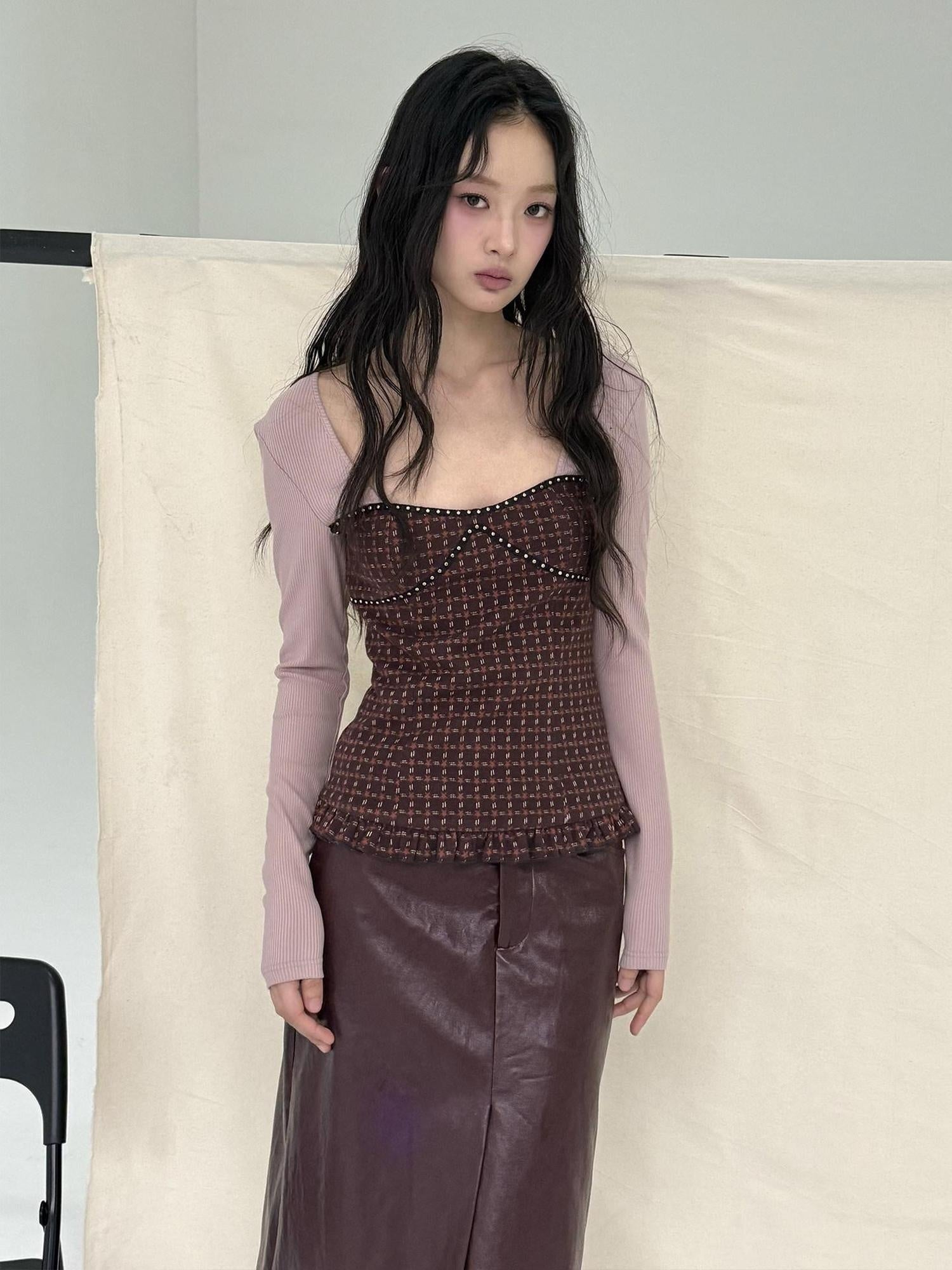 lvetong Slim Waist Street Sporty Colorblock Purple Knit Women Long Sleeve T-Shirts