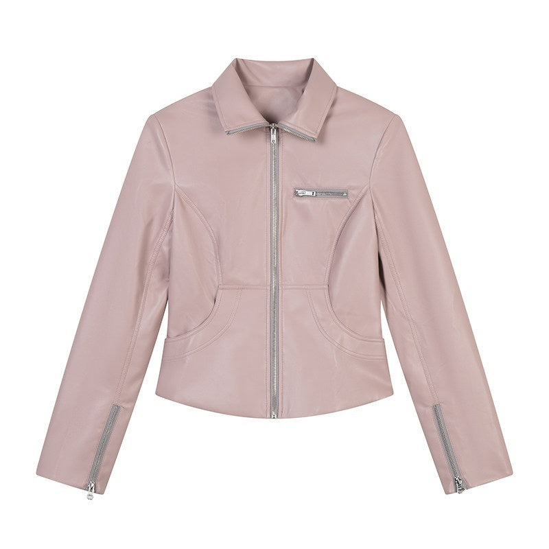 lvetong_Smoky_Pink_Slim_Waist_Lapel_Zip_Pocket_Women&