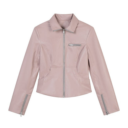 lvetong_Smoky_Pink_Slim_Waist_Lapel_Zip_Pocket_Women&