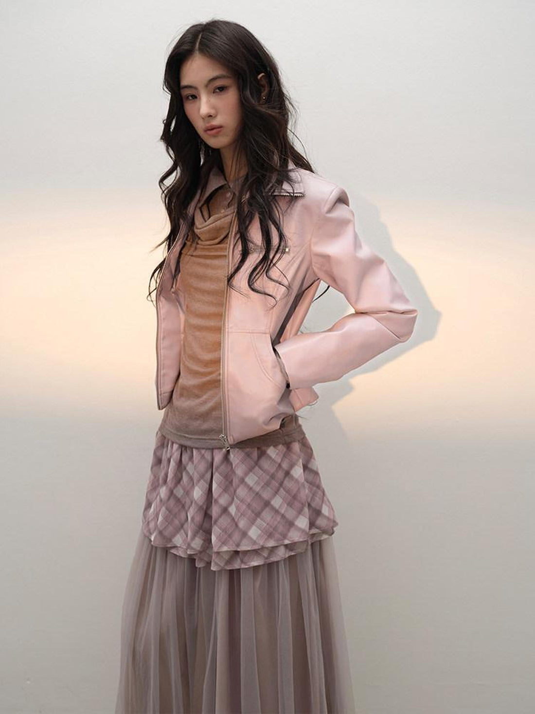 lvetong Smoky Pink Slim Waist Lapel Zip Pocket Women&