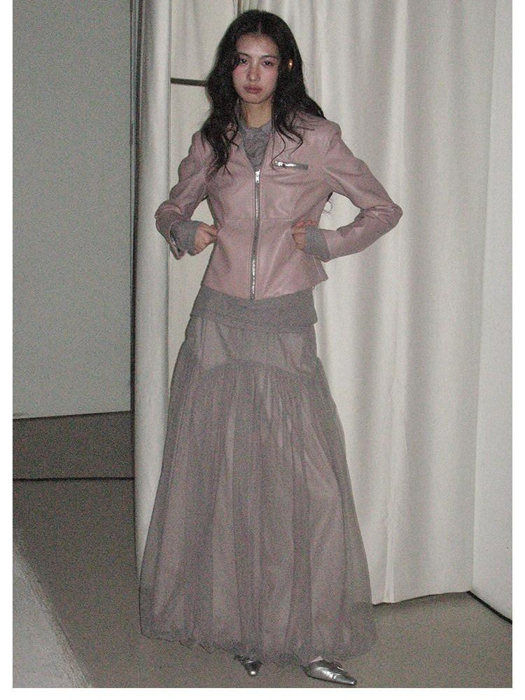 lvetong Smoky Pink Slim Waist Lapel Zip Pocket Women&