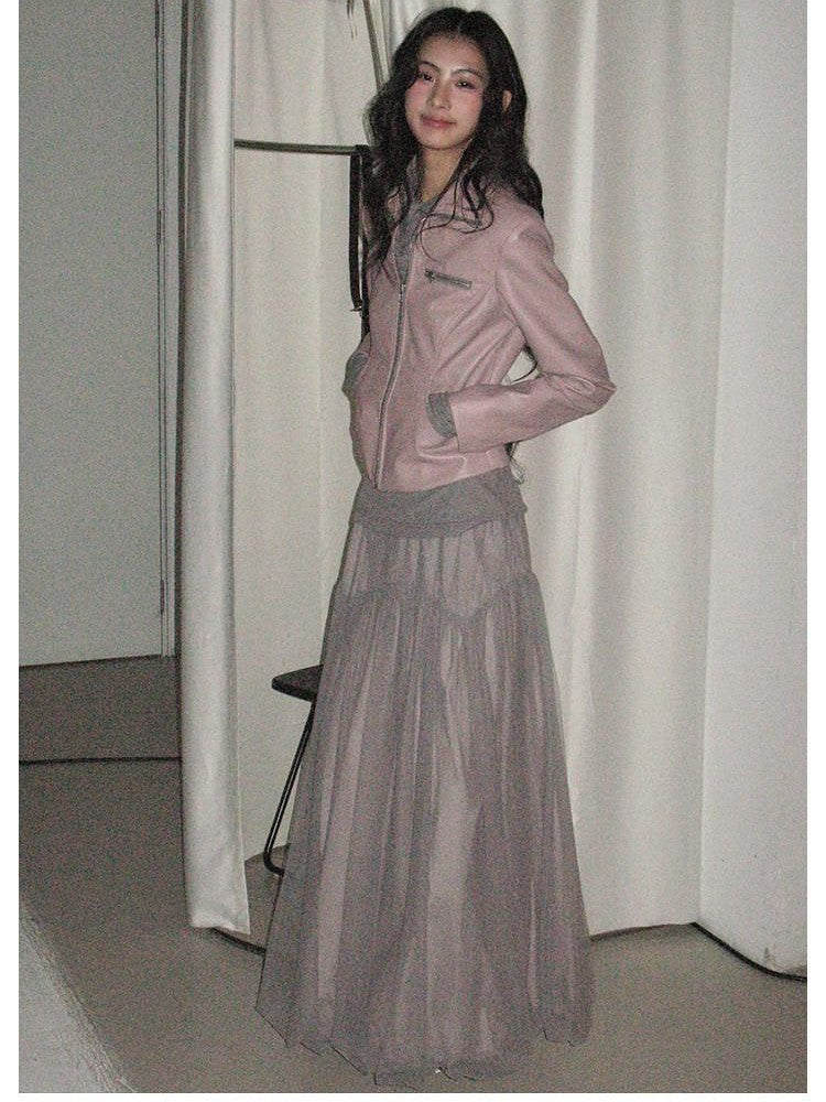 lvetong Smoky Pink Slim Waist Lapel Zip Pocket Women&