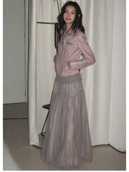 lvetong Smoky Pink Slim Waist Lapel Zip Pocket Women&