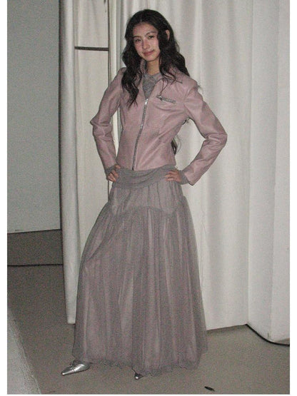 lvetong Smoky Pink Slim Waist Lapel Zip Pocket Women&
