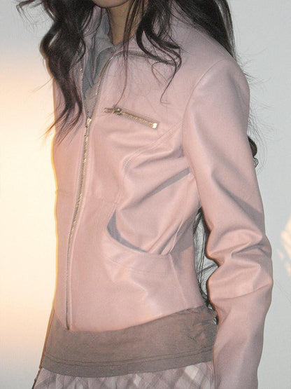 lvetong Smoky Pink Slim Waist Lapel Zip Pocket Women&