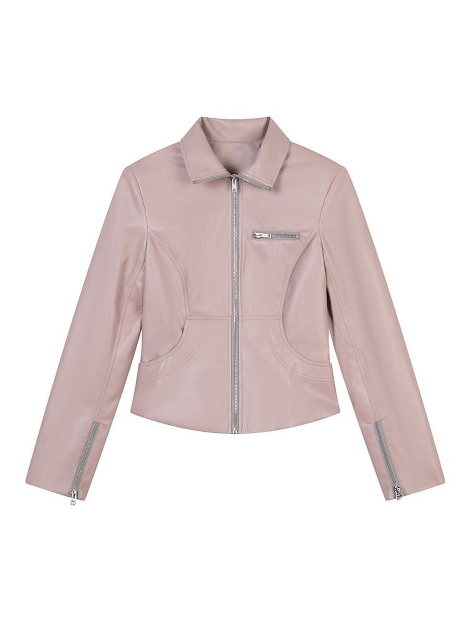 lvetong Smoky Pink Slim Waist Lapel Zip Pocket Women&