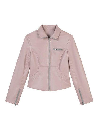 lvetong Smoky Pink Slim Waist Lapel Zip Pocket Women&