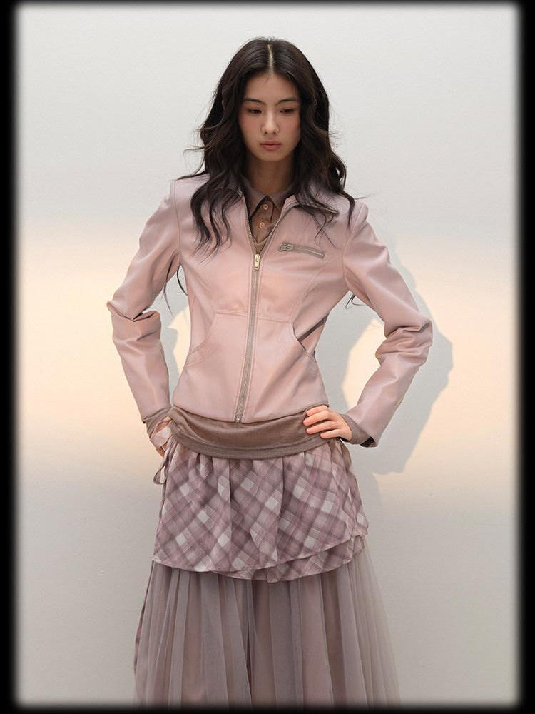 lvetong Smoky Pink Slim Waist Lapel Zip Pocket Women&