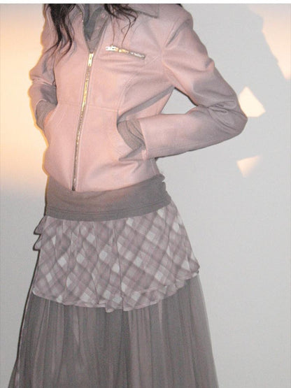 lvetong Smoky Pink Slim Waist Lapel Zip Pocket Women&