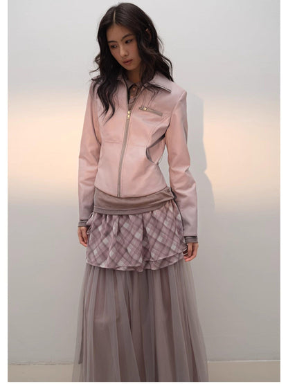 lvetong Smoky Pink Slim Waist Lapel Zip Pocket Women&