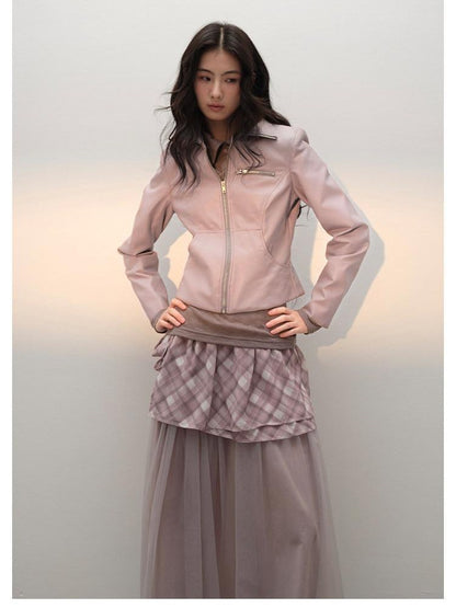 lvetong Smoky Pink Slim Waist Lapel Zip Pocket Women&