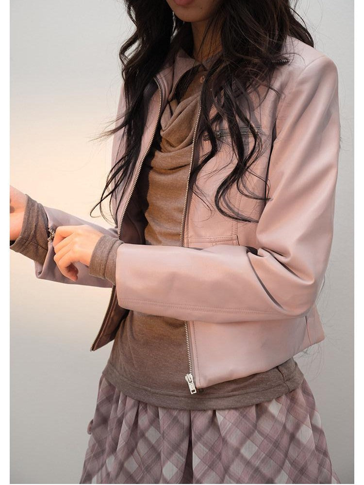 lvetong Smoky Pink Slim Waist Lapel Zip Pocket Women&
