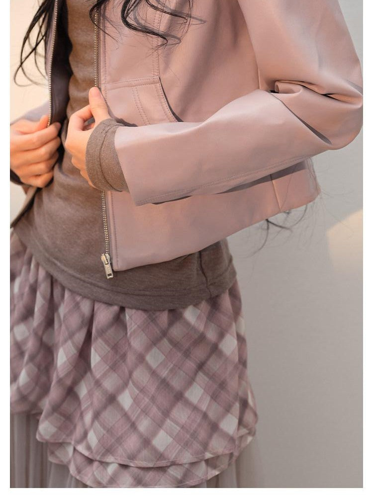 lvetong Smoky Pink Slim Waist Lapel Zip Pocket Women&