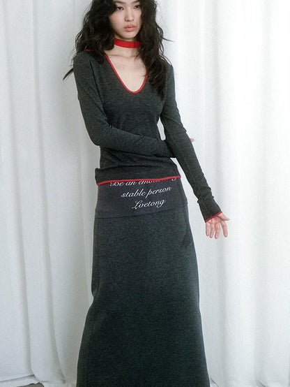 lvetong Soft Cotton Blend Vintage H Line Straight Long Solid Gray Women Maxi Skirts