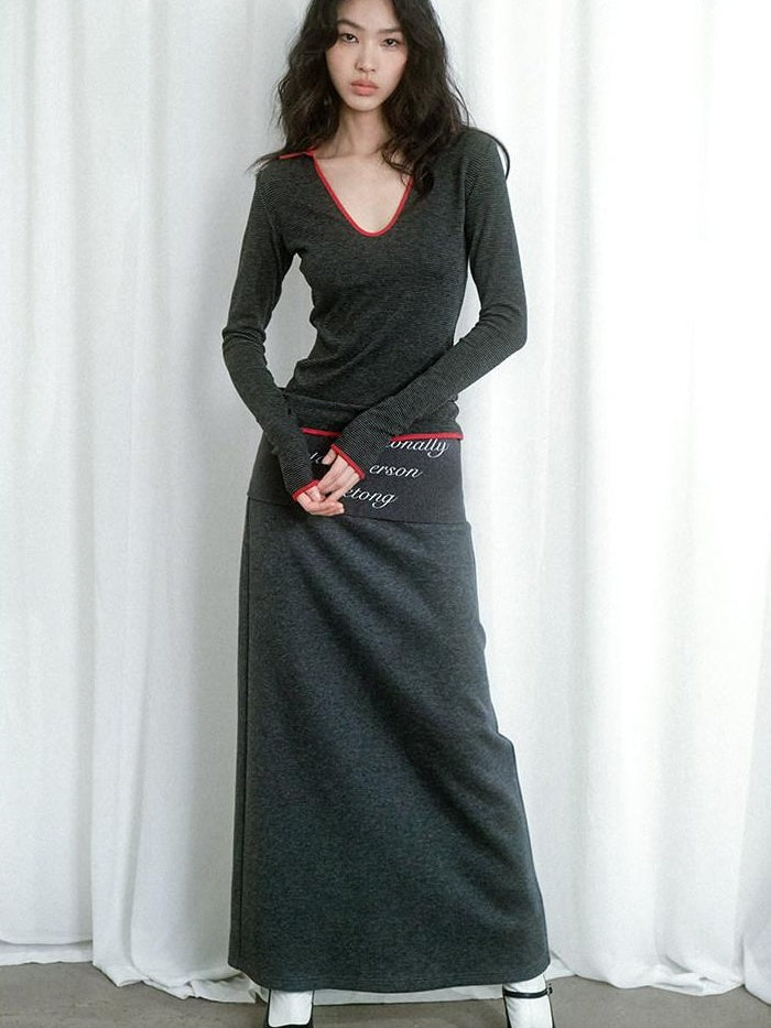 lvetong Soft Cotton Blend Vintage H Line Straight Long Solid Gray Women Maxi Skirts