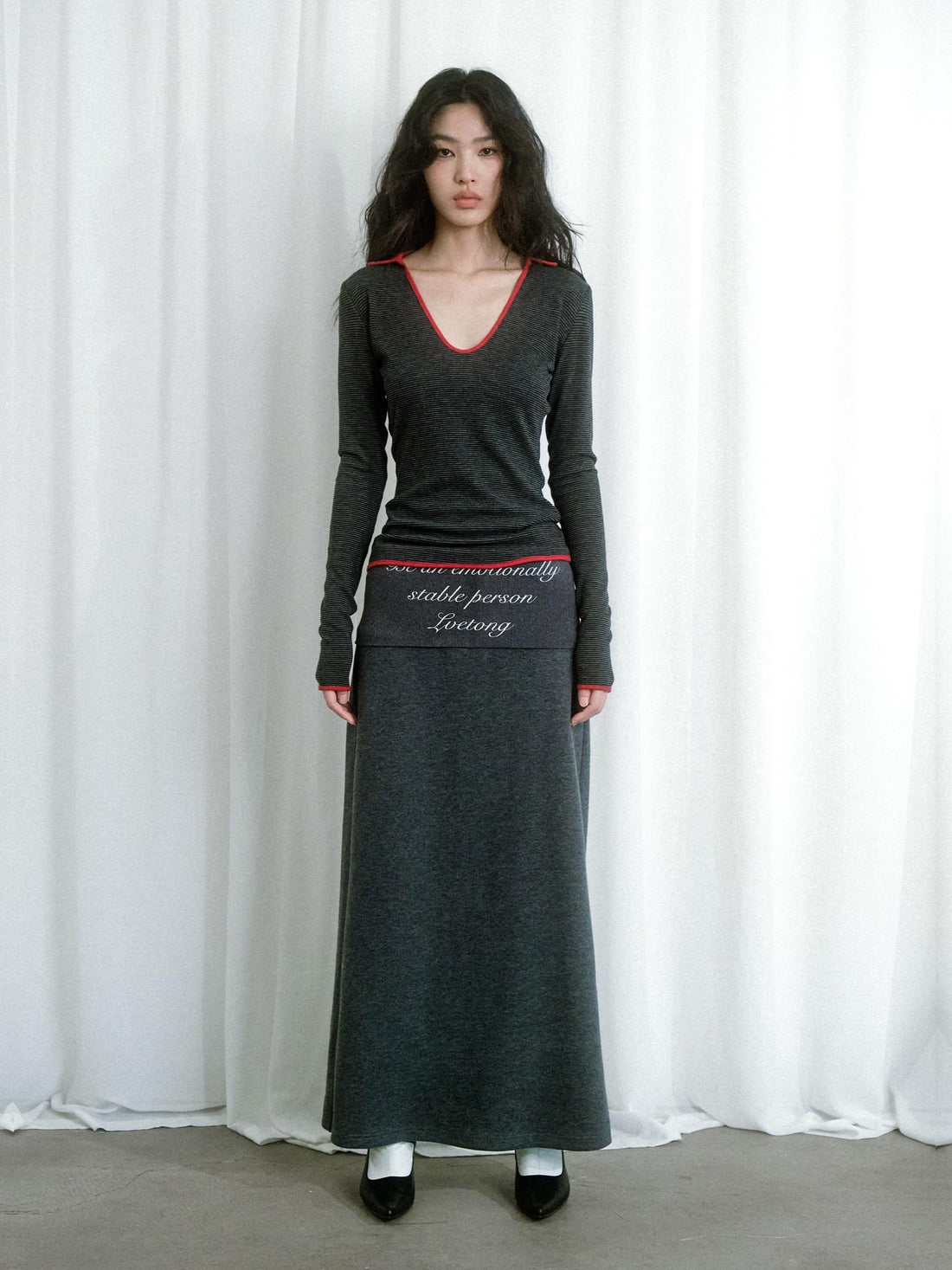 lvetong Soft Cotton Blend Vintage H Line Straight Long Solid Gray Women Maxi Skirts