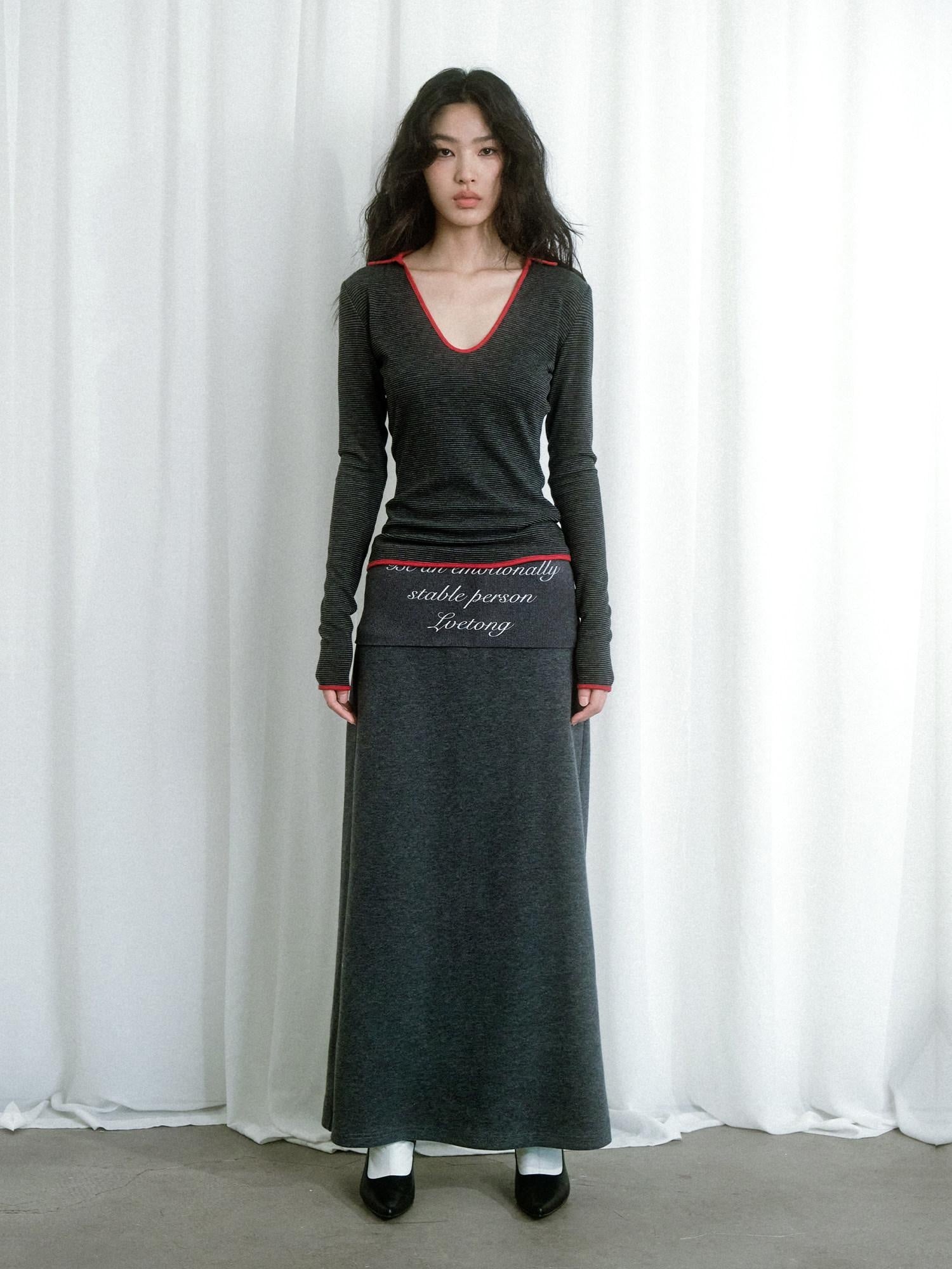 lvetong Soft Cotton Blend Vintage H Line Straight Long Solid Gray Women Maxi Skirts