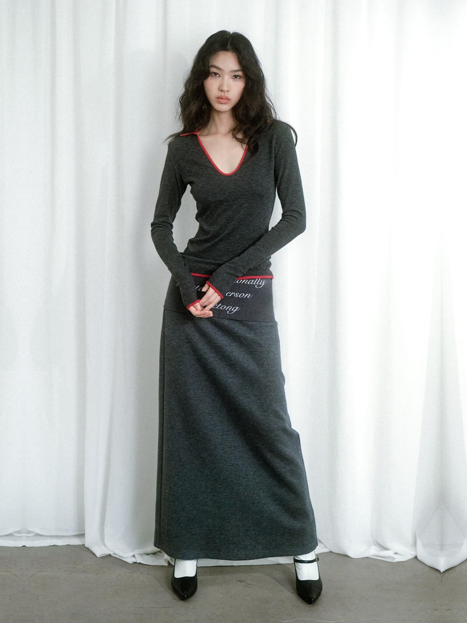 lvetong Soft Cotton Blend Vintage H Line Straight Long Solid Gray Women Maxi Skirts